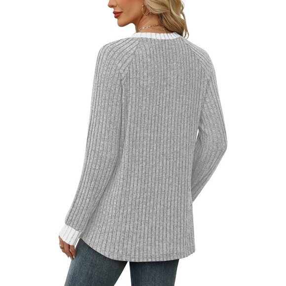 Women's grey Stripes Color Block Long Sleeve Shirt Lightweight Sweater - Picture 5 of 5